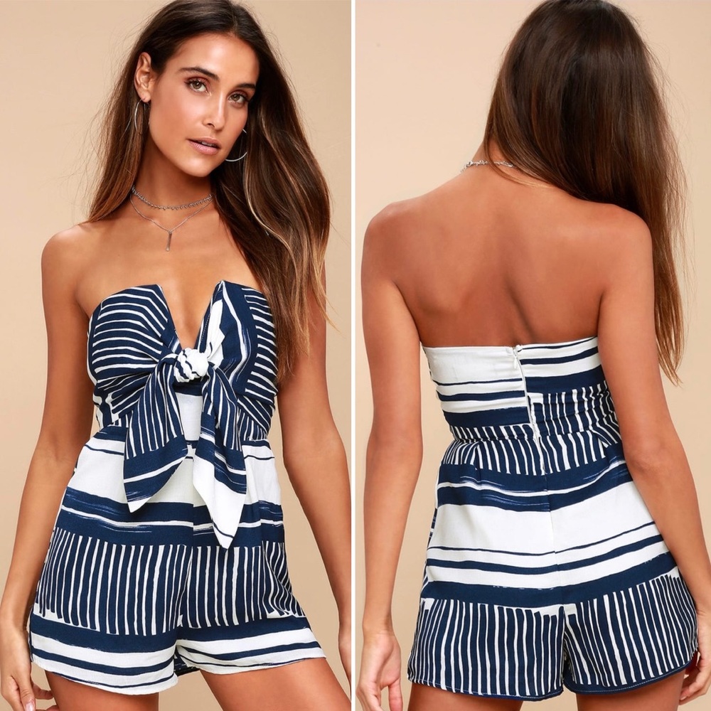 Delphi Blue and White Striped Tie-Front Strapless Romper